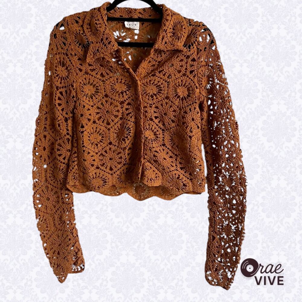 Le Lis Womens Small Brown Crochet Knit Cardigan
